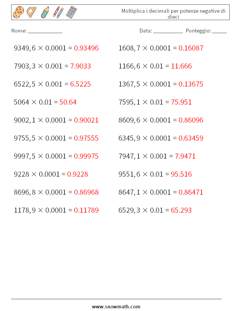 Moltiplica i decimali per potenze negative di dieci Fogli di lavoro di matematica 8 Domanda, Risposta