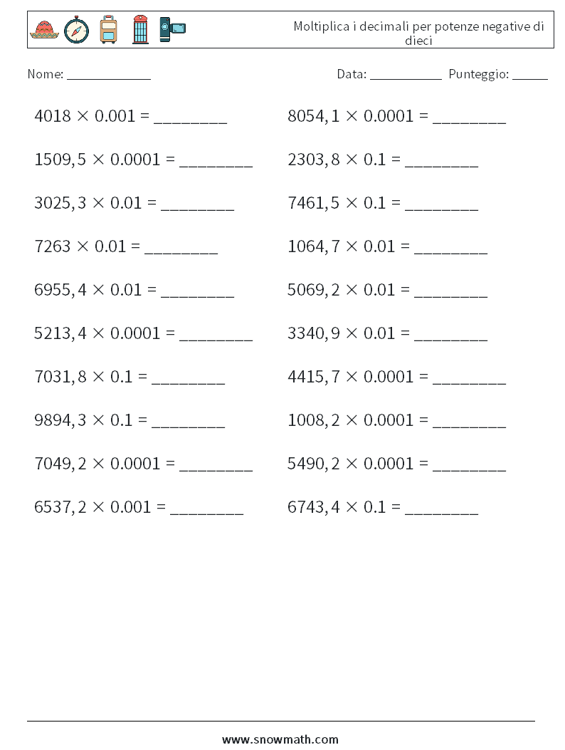 Moltiplica i decimali per potenze negative di dieci Fogli di lavoro di matematica 9