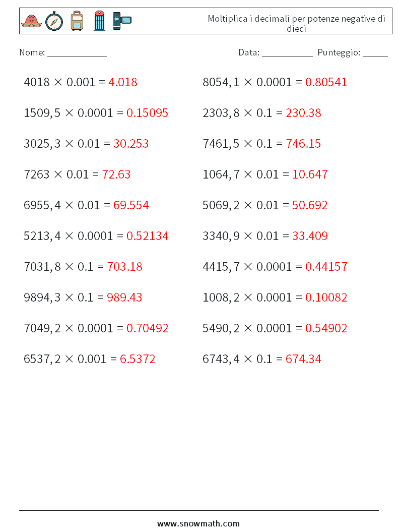 Moltiplica i decimali per potenze negative di dieci Fogli di lavoro di matematica 9 Domanda, Risposta