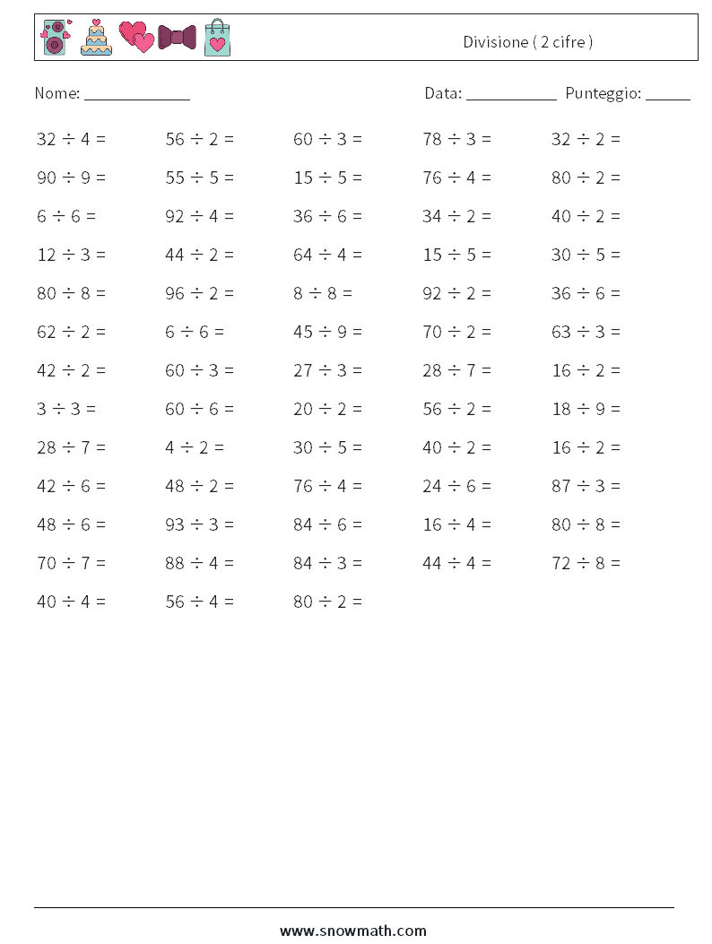 (100) Divisione ( 2 cifre ) Fogli di lavoro di matematica 1