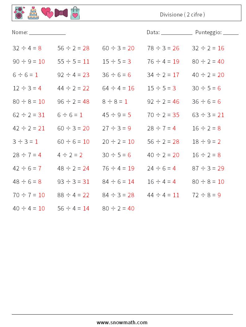 (100) Divisione ( 2 cifre ) Fogli di lavoro di matematica 1 Domanda, Risposta
