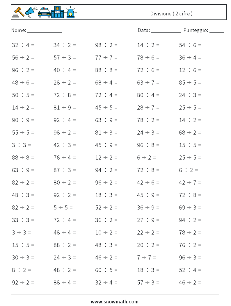 (100) Divisione ( 2 cifre ) Fogli di lavoro di matematica 2