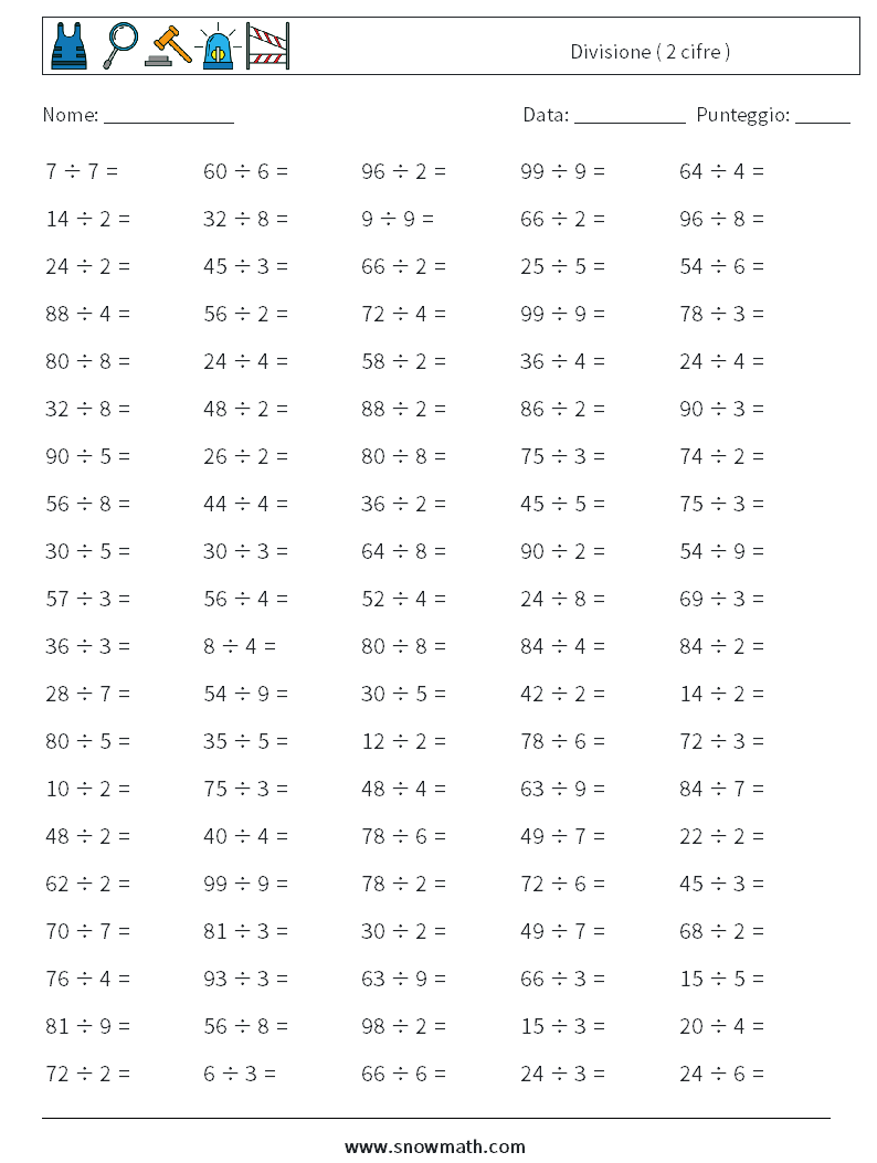 (100) Divisione ( 2 cifre ) Fogli di lavoro di matematica 3