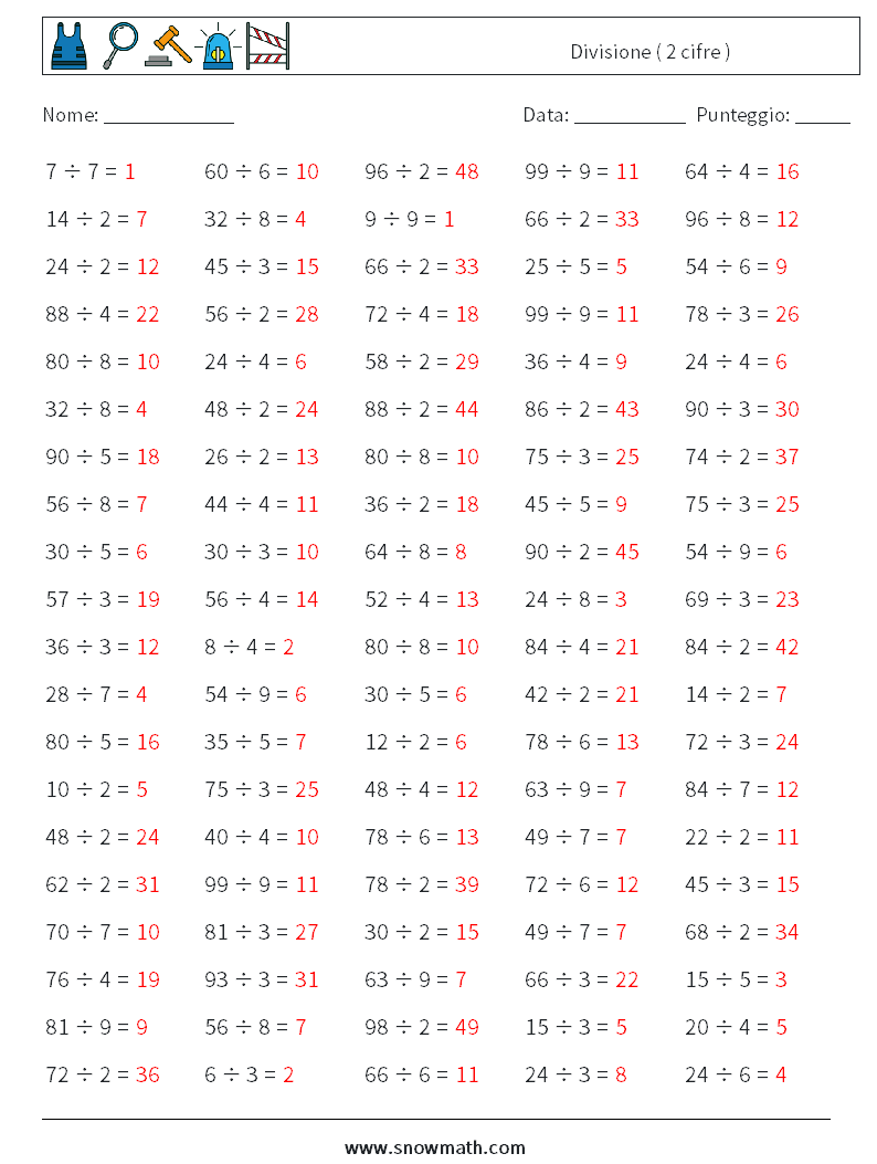 (100) Divisione ( 2 cifre ) Fogli di lavoro di matematica 3 Domanda, Risposta