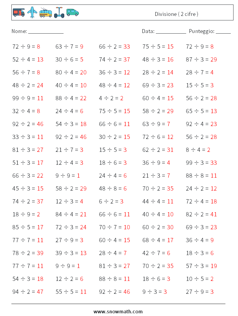 (100) Divisione ( 2 cifre ) Fogli di lavoro di matematica 4 Domanda, Risposta