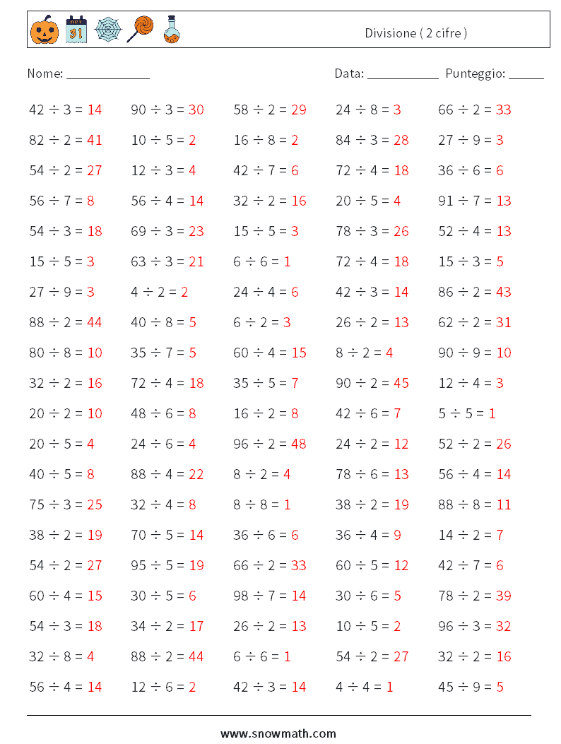 (100) Divisione ( 2 cifre ) Fogli di lavoro di matematica 5 Domanda, Risposta