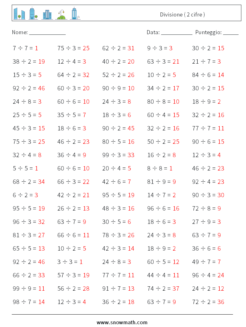 (100) Divisione ( 2 cifre ) Fogli di lavoro di matematica 6 Domanda, Risposta