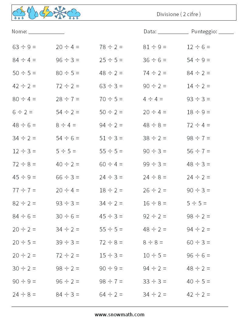 (100) Divisione ( 2 cifre ) Fogli di lavoro di matematica 7