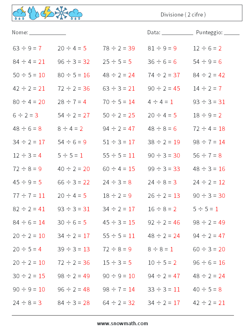 (100) Divisione ( 2 cifre ) Fogli di lavoro di matematica 7 Domanda, Risposta