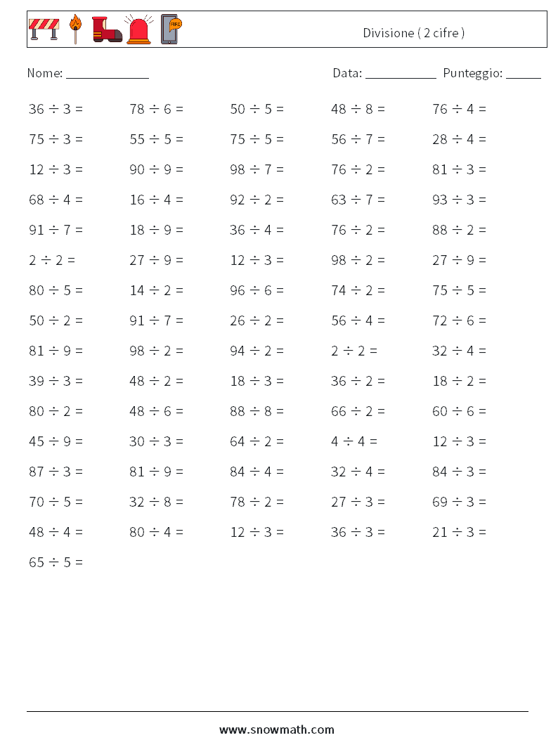 (100) Divisione ( 2 cifre ) Fogli di lavoro di matematica 8