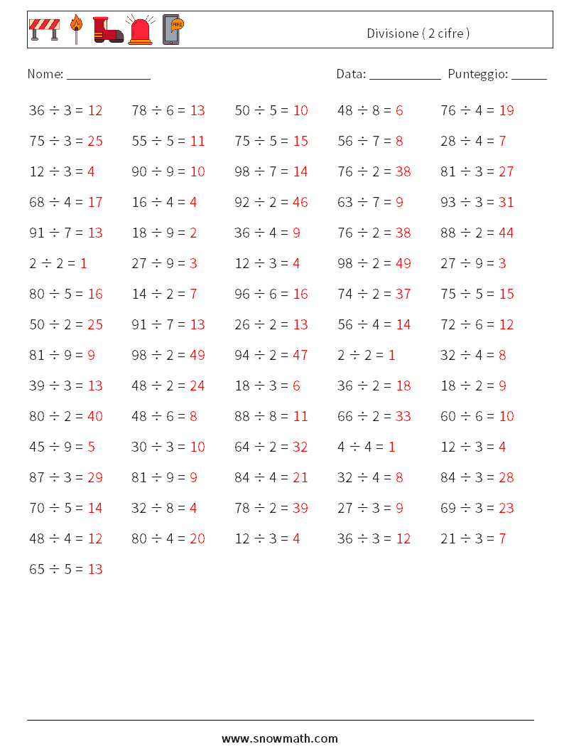 (100) Divisione ( 2 cifre ) Fogli di lavoro di matematica 8 Domanda, Risposta