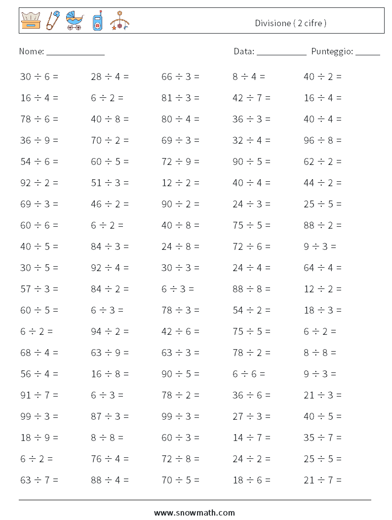 (100) Divisione ( 2 cifre ) Fogli di lavoro di matematica 9