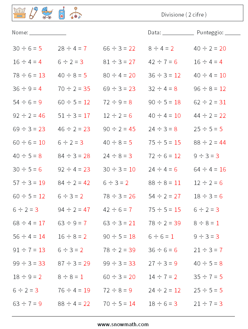 (100) Divisione ( 2 cifre ) Fogli di lavoro di matematica 9 Domanda, Risposta