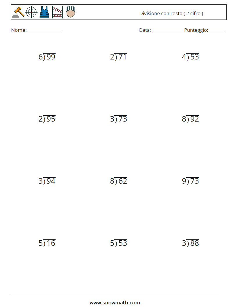 (12) Divisione con resto ( 2 cifre ) Fogli di lavoro di matematica 2