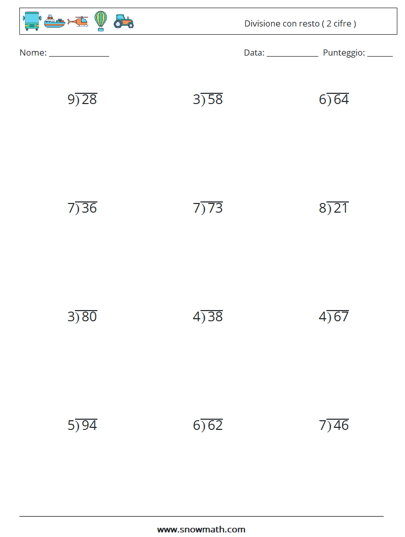 (12) Divisione con resto ( 2 cifre ) Fogli di lavoro di matematica 3