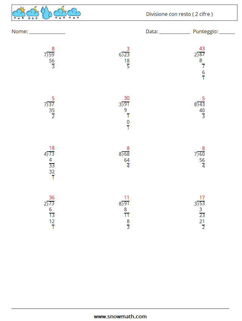 (12) Divisione con resto ( 2 cifre ) Fogli di lavoro di matematica 4 Domanda, Risposta