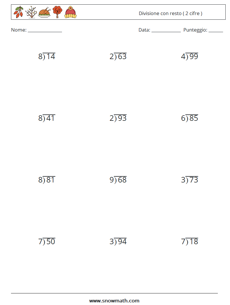 (12) Divisione con resto ( 2 cifre ) Fogli di lavoro di matematica 7