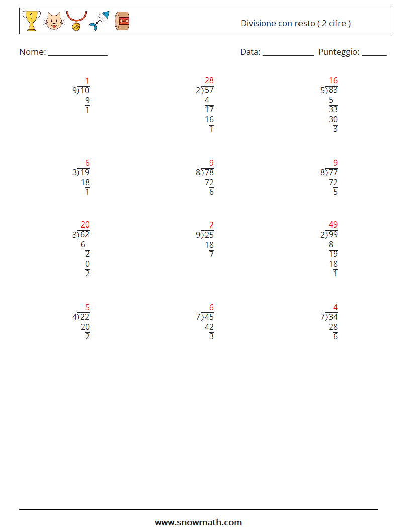 (12) Divisione con resto ( 2 cifre ) Fogli di lavoro di matematica 9 Domanda, Risposta