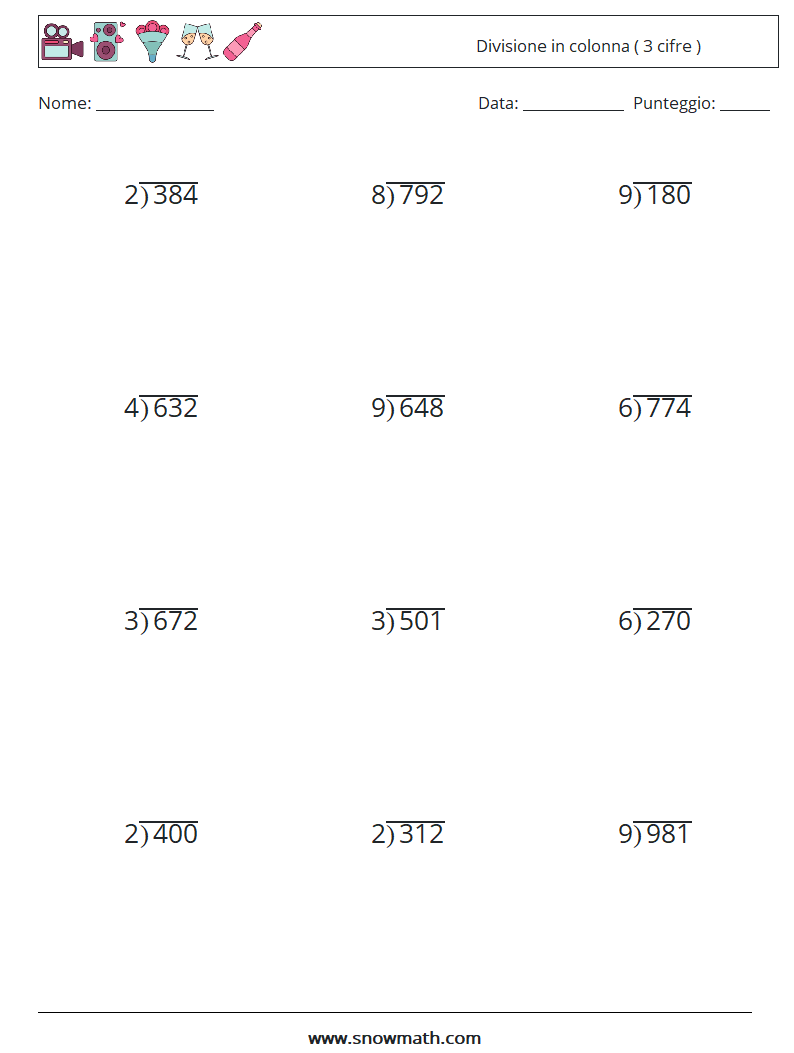 (12) Divisione in colonna ( 3 cifre ) Fogli di lavoro di matematica 1