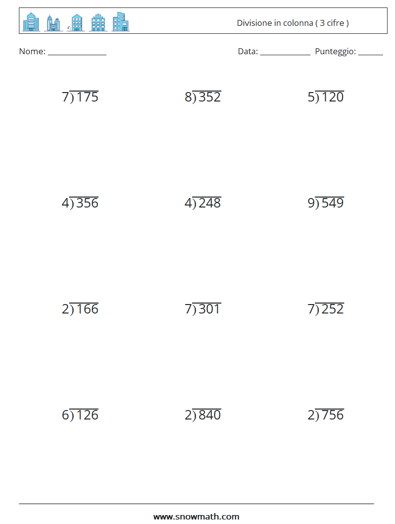 (12) Divisione in colonna ( 3 cifre ) Fogli di lavoro di matematica 10