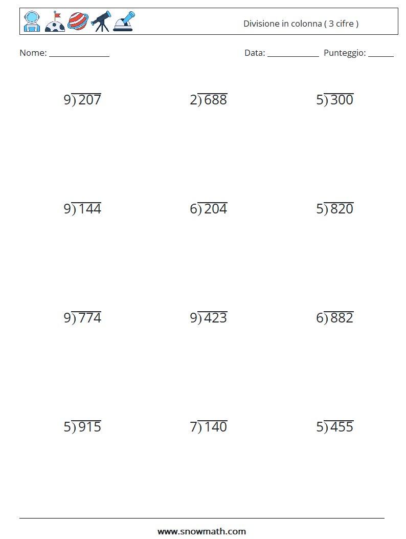 (12) Divisione in colonna ( 3 cifre ) Fogli di lavoro di matematica 12
