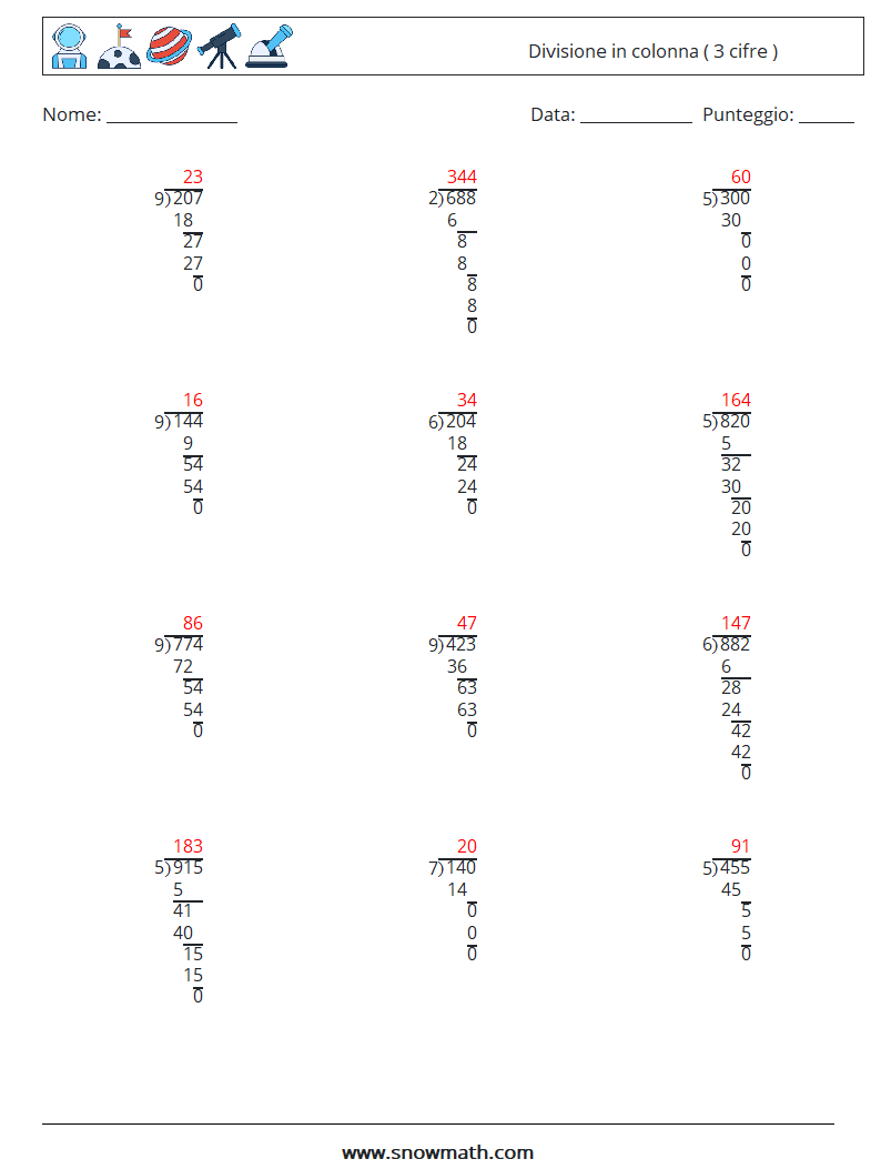 (12) Divisione in colonna ( 3 cifre ) Fogli di lavoro di matematica 12 Domanda, Risposta