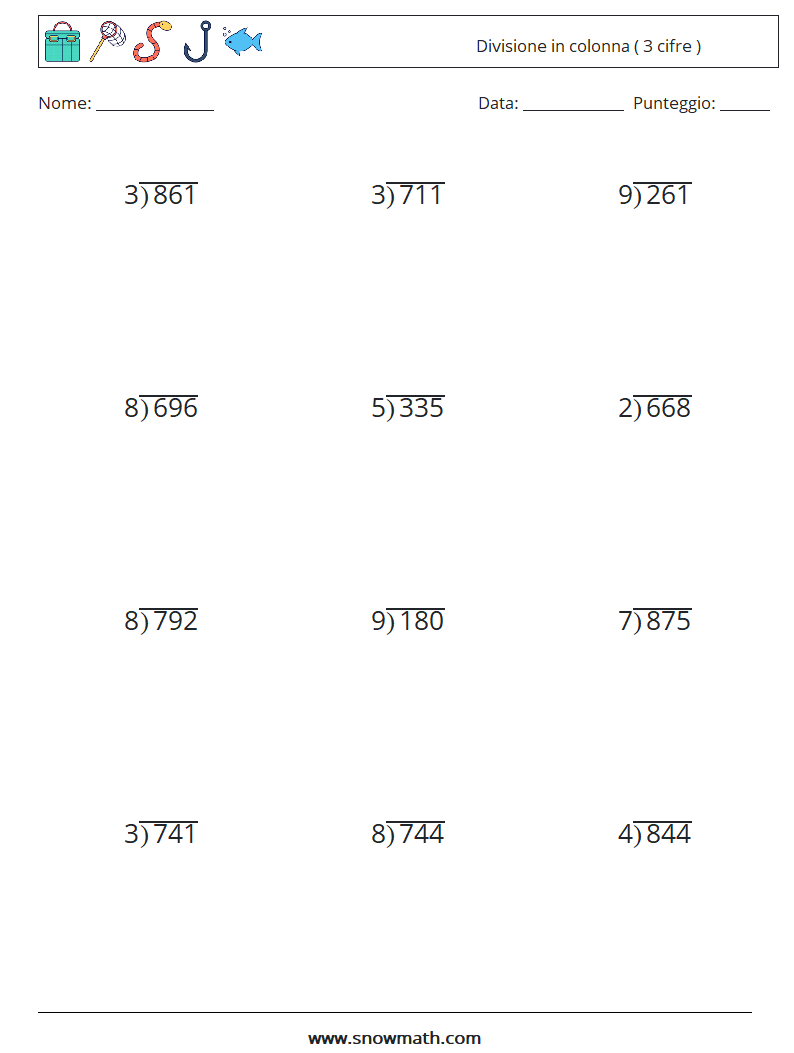 (12) Divisione in colonna ( 3 cifre ) Fogli di lavoro di matematica 13