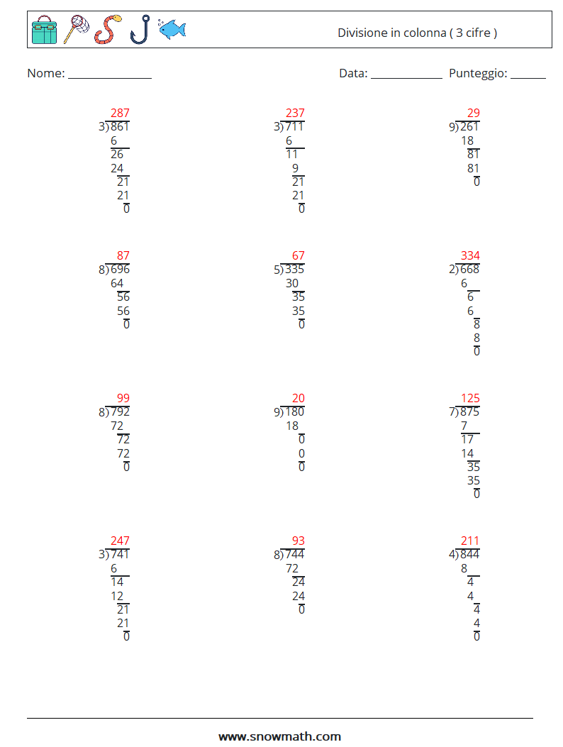 (12) Divisione in colonna ( 3 cifre ) Fogli di lavoro di matematica 13 Domanda, Risposta