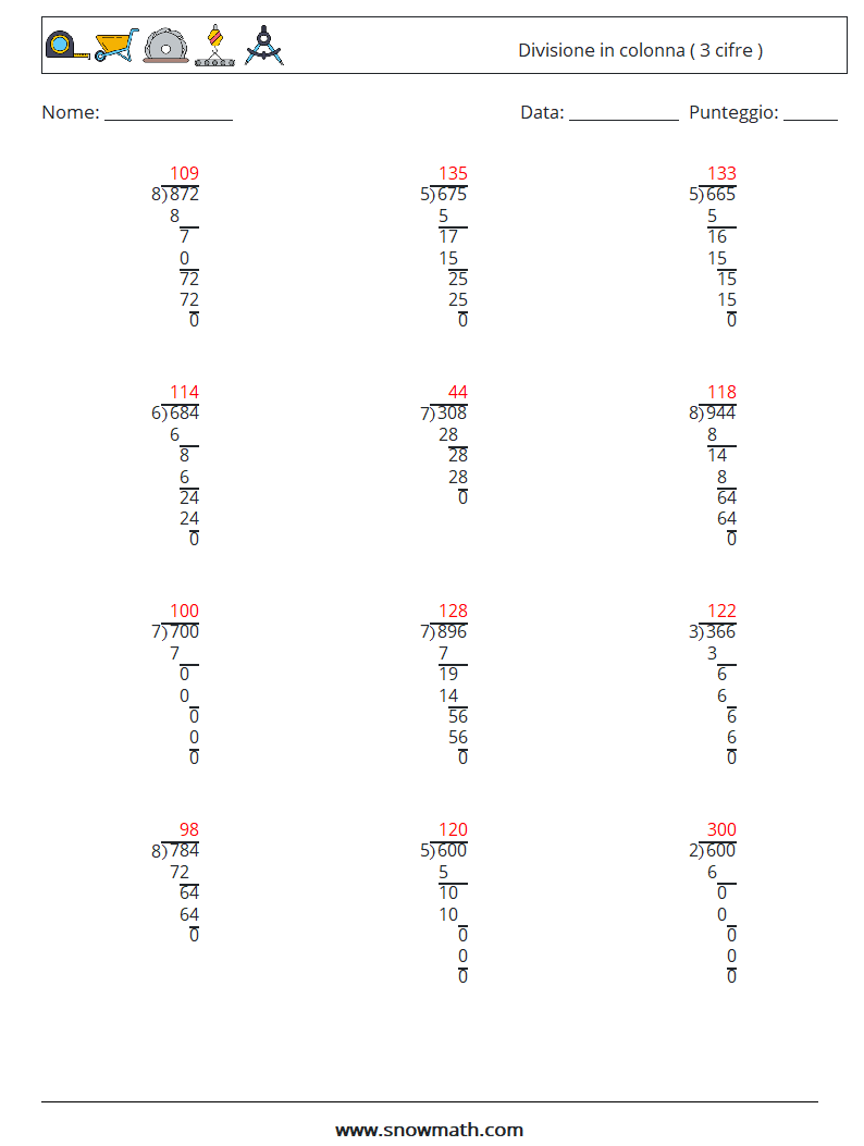 (12) Divisione in colonna ( 3 cifre ) Fogli di lavoro di matematica 17 Domanda, Risposta