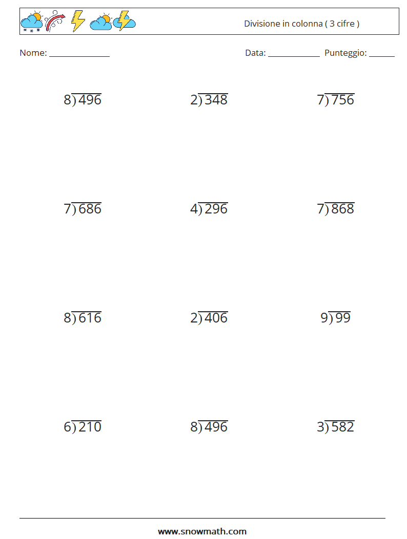 (12) Divisione in colonna ( 3 cifre ) Fogli di lavoro di matematica 18