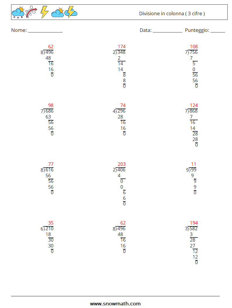 (12) Divisione in colonna ( 3 cifre ) Fogli di lavoro di matematica 18 Domanda, Risposta
