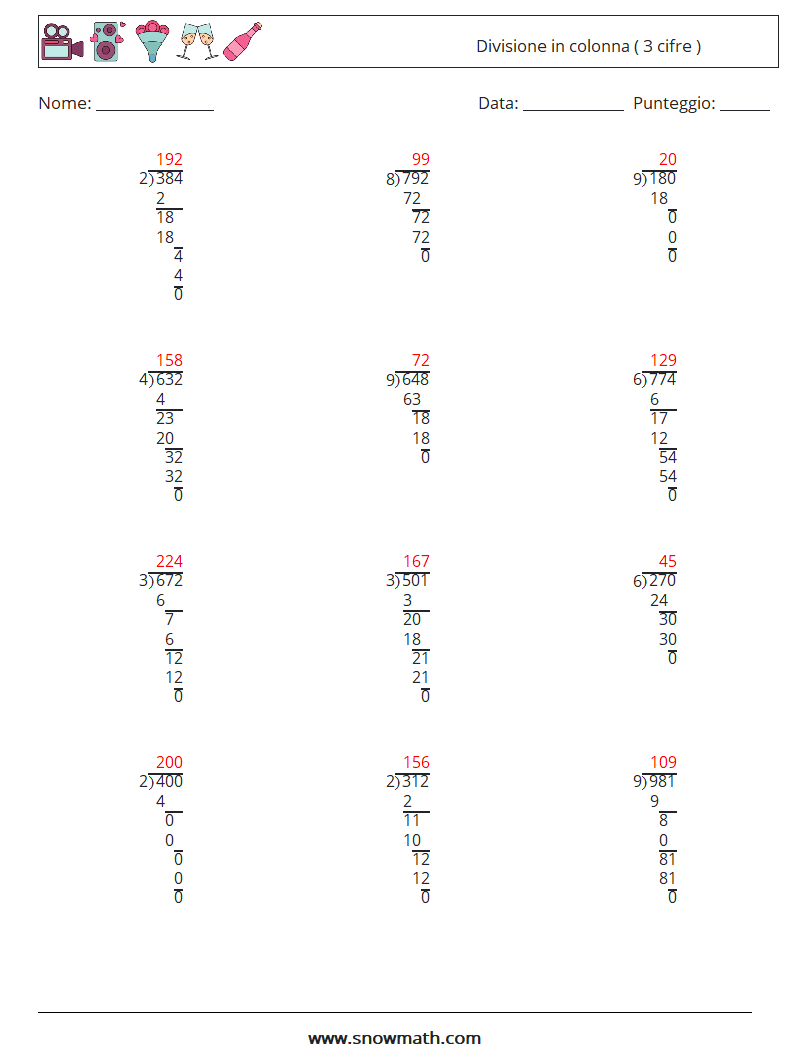 (12) Divisione in colonna ( 3 cifre ) Fogli di lavoro di matematica 1 Domanda, Risposta