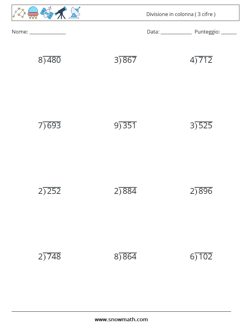 (12) Divisione in colonna ( 3 cifre ) Fogli di lavoro di matematica 2
