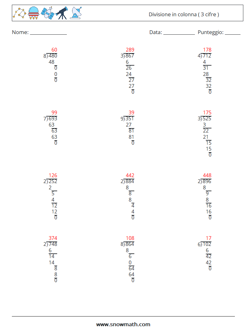(12) Divisione in colonna ( 3 cifre ) Fogli di lavoro di matematica 2 Domanda, Risposta