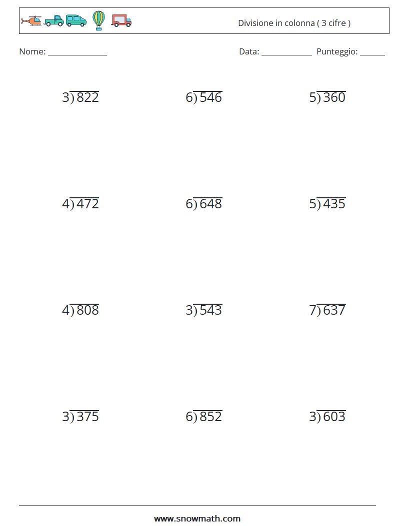 (12) Divisione in colonna ( 3 cifre ) Fogli di lavoro di matematica 4