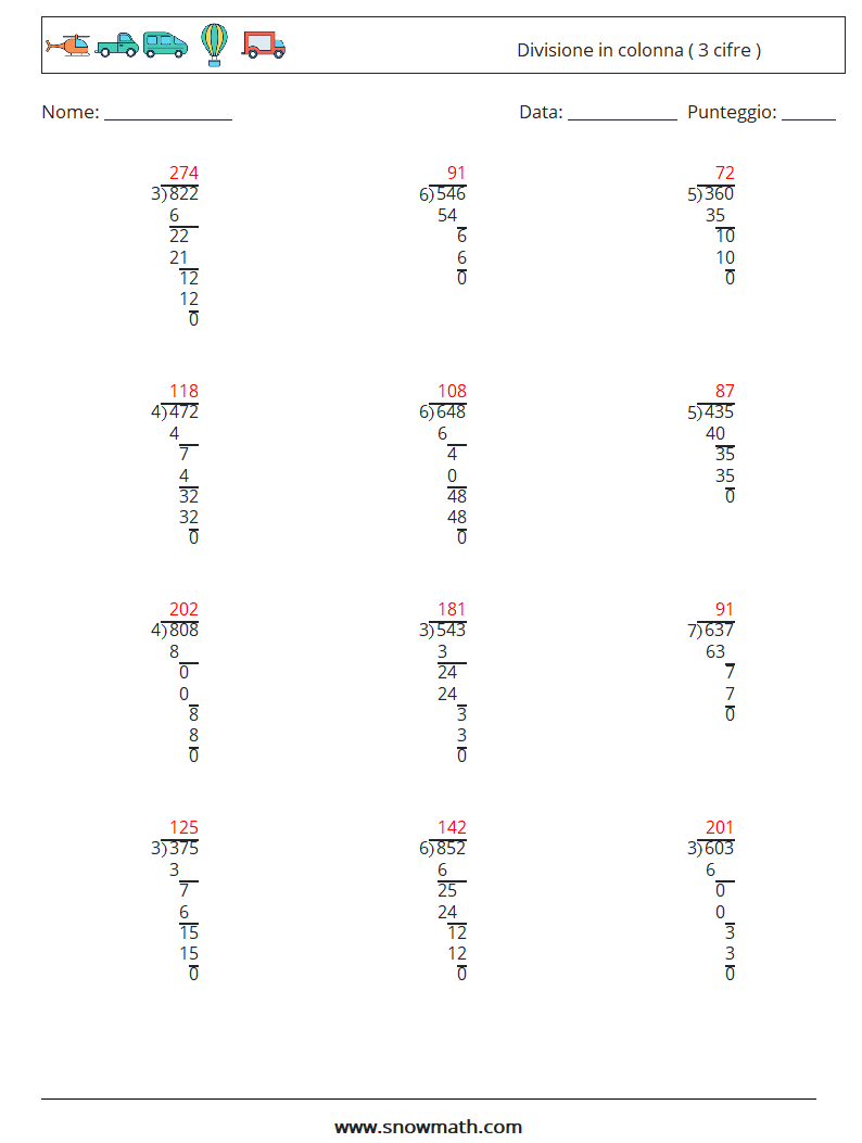 (12) Divisione in colonna ( 3 cifre ) Fogli di lavoro di matematica 4 Domanda, Risposta