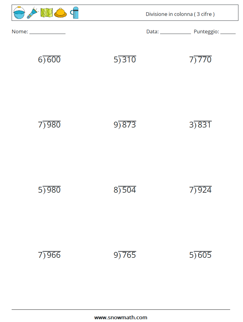 (12) Divisione in colonna ( 3 cifre ) Fogli di lavoro di matematica 5