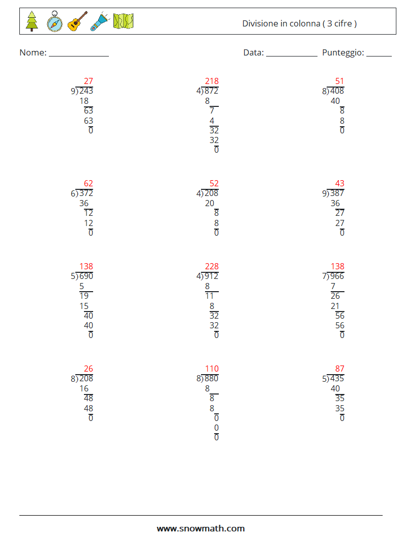 (12) Divisione in colonna ( 3 cifre ) Fogli di lavoro di matematica 7 Domanda, Risposta