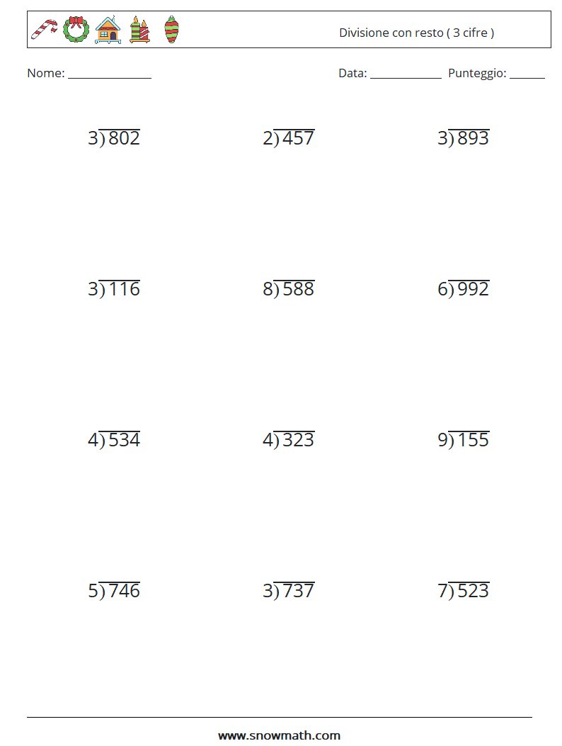 (12) Divisione con resto ( 3 cifre ) Fogli di lavoro di matematica 12