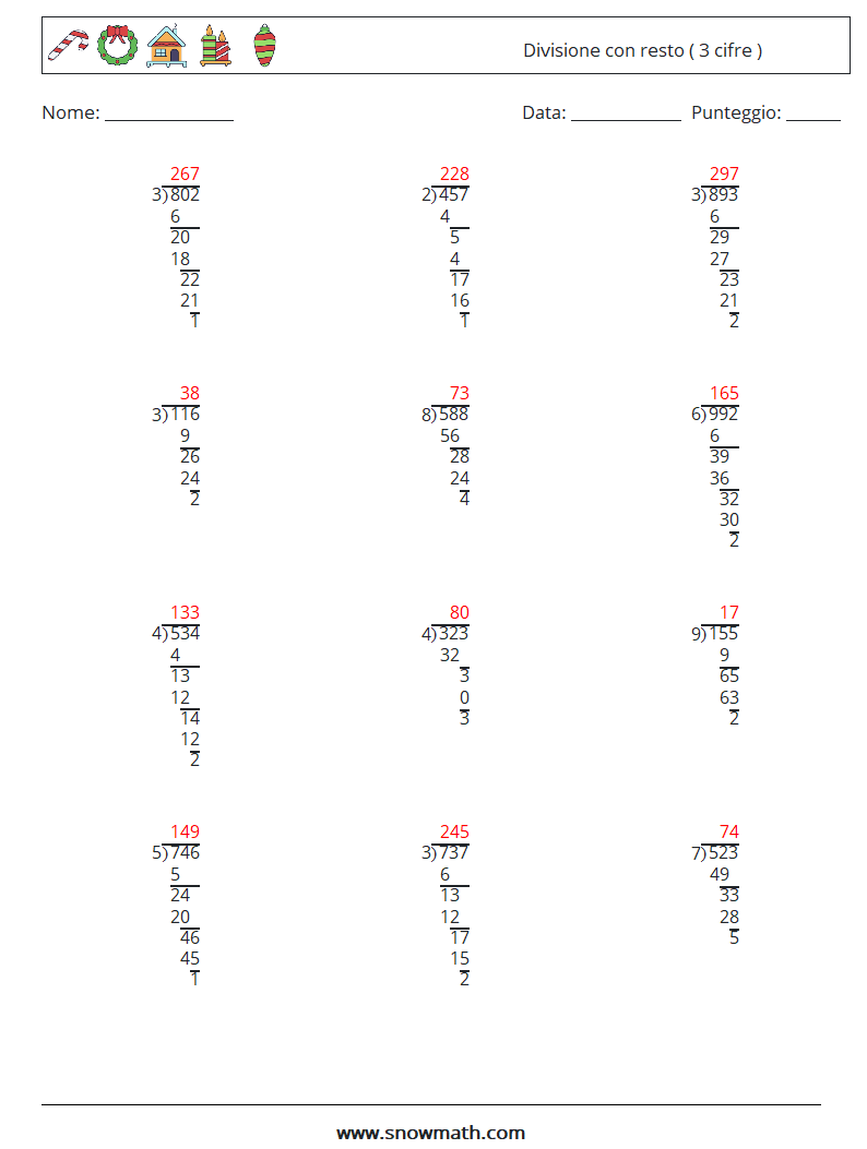 (12) Divisione con resto ( 3 cifre ) Fogli di lavoro di matematica 12 Domanda, Risposta