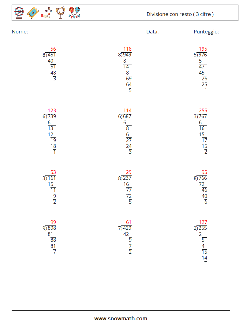 (12) Divisione con resto ( 3 cifre ) Fogli di lavoro di matematica 13 Domanda, Risposta