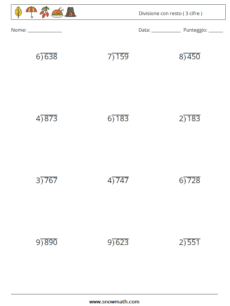 (12) Divisione con resto ( 3 cifre ) Fogli di lavoro di matematica 14