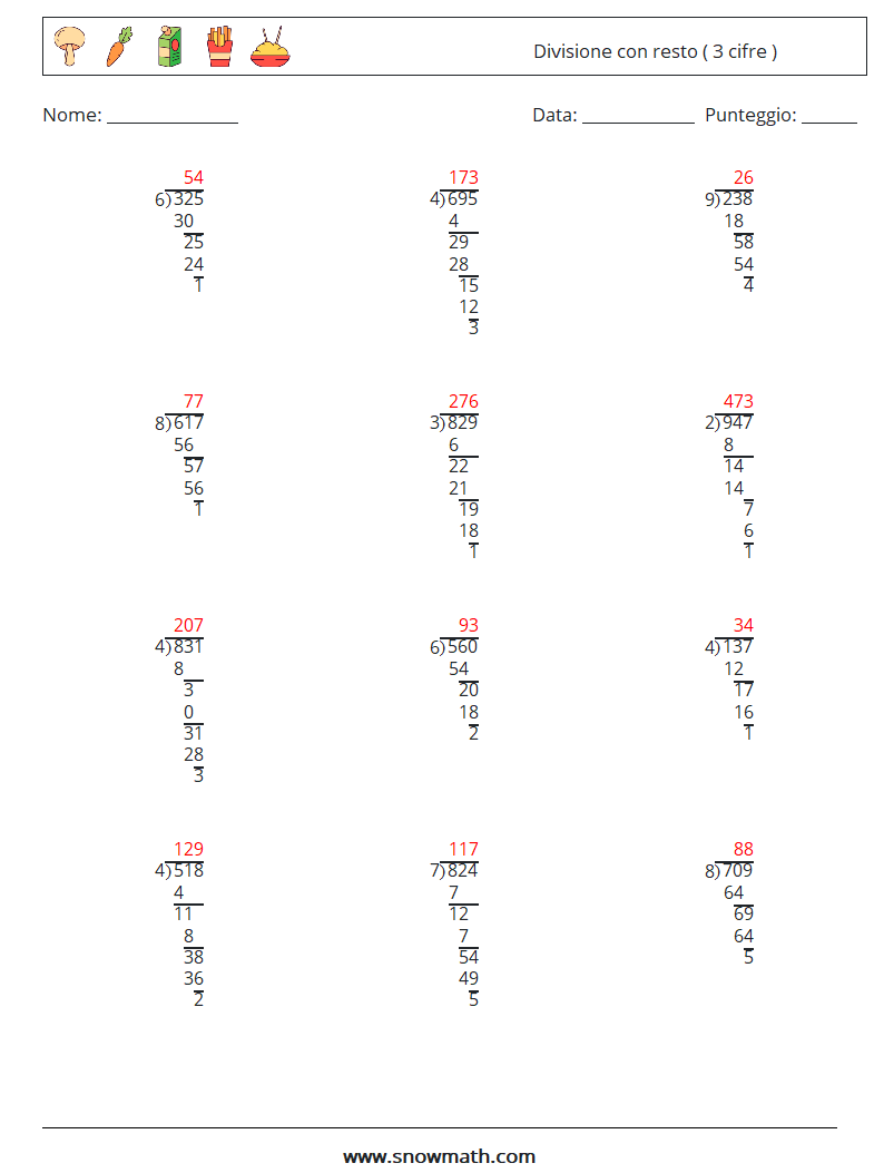 (12) Divisione con resto ( 3 cifre ) Fogli di lavoro di matematica 15 Domanda, Risposta