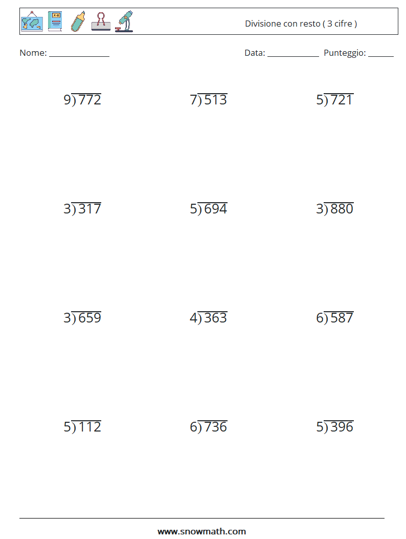 (12) Divisione con resto ( 3 cifre ) Fogli di lavoro di matematica 16
