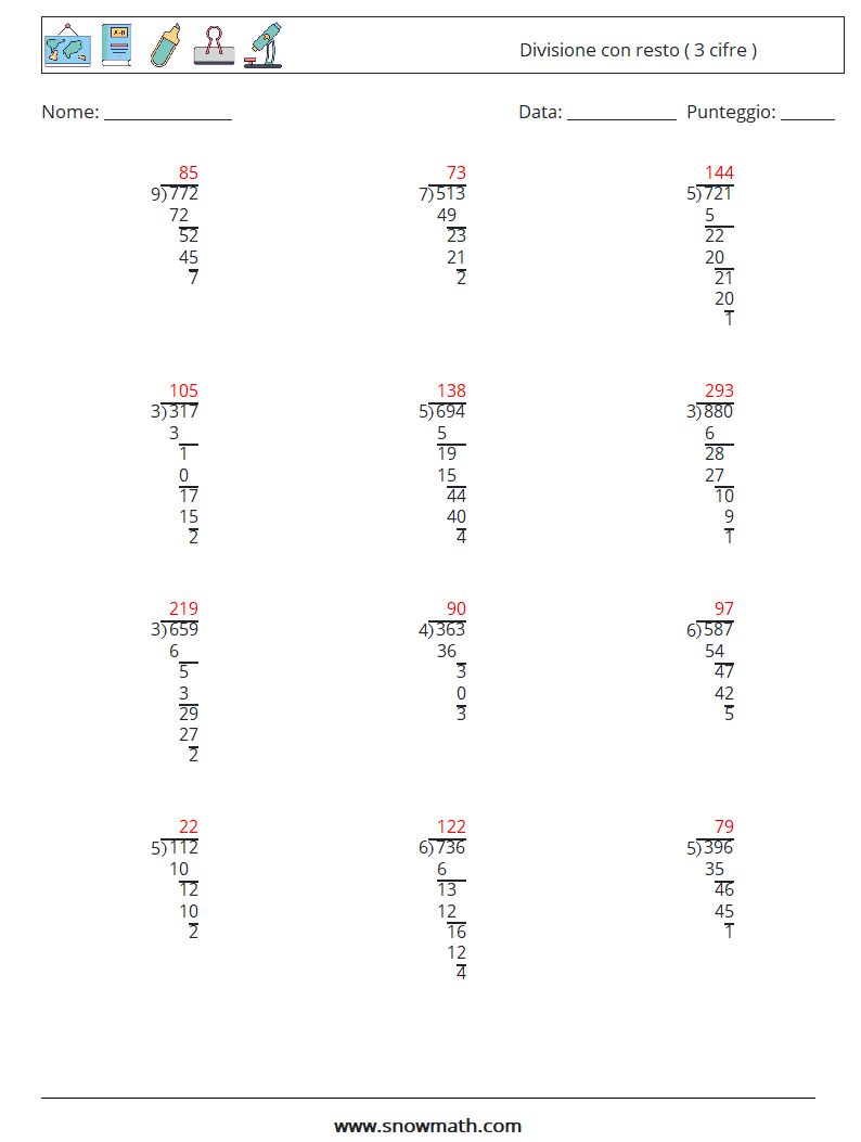 (12) Divisione con resto ( 3 cifre ) Fogli di lavoro di matematica 16 Domanda, Risposta
