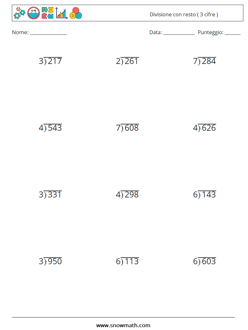 (12) Divisione con resto ( 3 cifre ) Fogli di lavoro di matematica 17