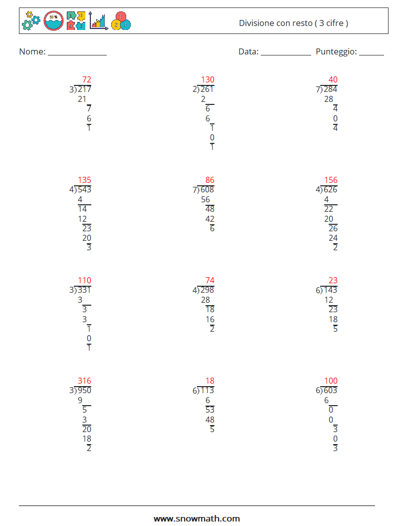(12) Divisione con resto ( 3 cifre ) Fogli di lavoro di matematica 17 Domanda, Risposta