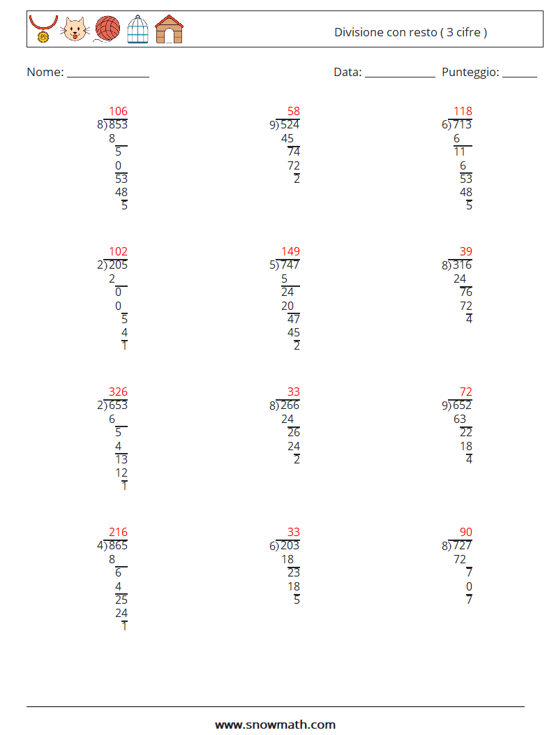 (12) Divisione con resto ( 3 cifre ) Fogli di lavoro di matematica 18 Domanda, Risposta