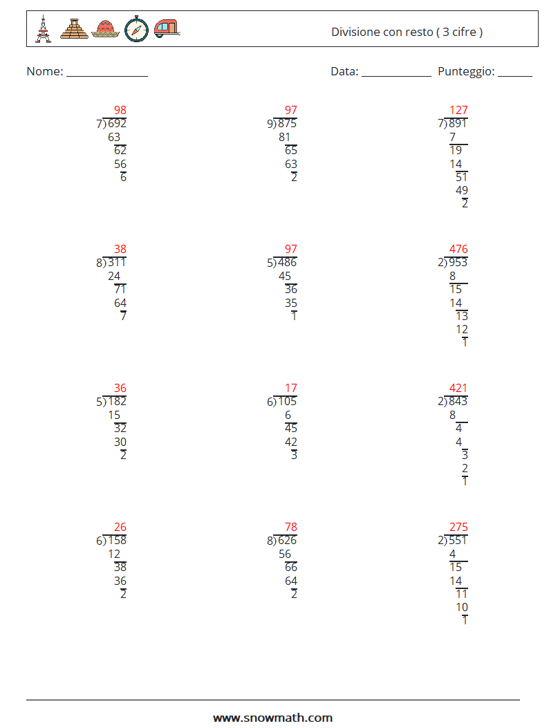 (12) Divisione con resto ( 3 cifre ) Fogli di lavoro di matematica 1 Domanda, Risposta