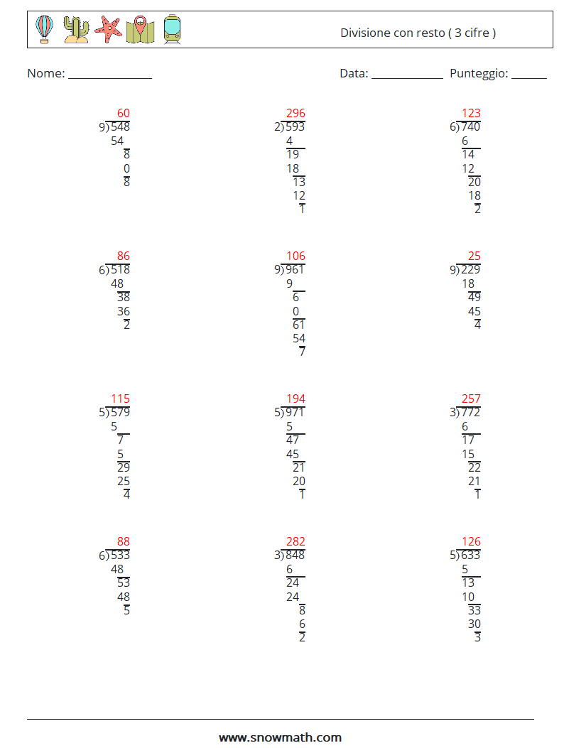 (12) Divisione con resto ( 3 cifre ) Fogli di lavoro di matematica 2 Domanda, Risposta